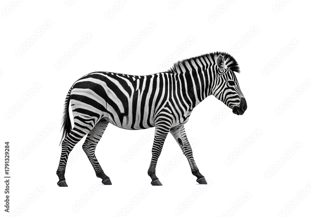 Obraz premium Striking zebra with black and white stripes, captured in a classic studio shot, showcasing nature's elegance and beauty in monochrome