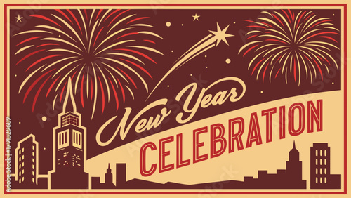 New year celebration with fireworks over city skyline vector illustration for holiday event design template