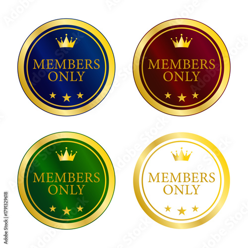 白・赤・青・緑の王冠入り「MEMBERS ONLY」円形メンバー限定バッジセット（4色）