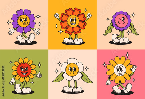 Groovy flower characters in retro style. Flat vector illustration.