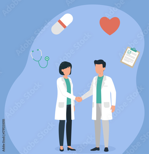 Flat Vector Illustration of Two Doctors Shaking Hands Amid Medical Icons Like Pill, Heart, Stethoscope, and Clipboard, Medical Partnership, Healthcare Teamwork, Doctor Collaboration,