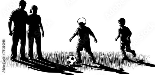 High-contrast vector silhouette of two boys playing soccer while parents observe. Design for youth sports programs, family fitness websites, or coaching materials. EPS version.