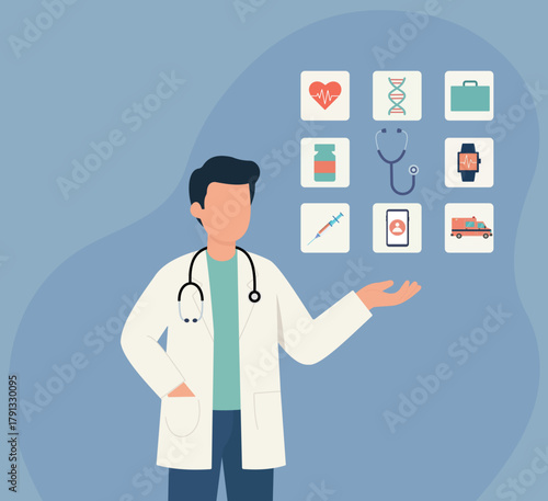 Doctor Presenting Modern Healthcare Icons in Flat Vector Style, Heart Health Monitoring, Genetic Research, Pharmaceutical Treatment, Diagnostic Tools, Wearable Health Tech