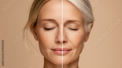 Beauty split-face concept showing youthful and aged skin comparison.