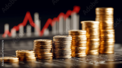 Stacks of coins in ascending order with a rising stock chart background.