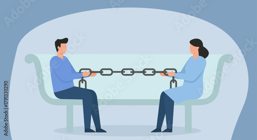 Couple Trapped in Toxic Bond: Flat Vector Illustration of Man and Woman Chained Together on Couch, Toxic Relationship, Codependency, Emotional Chains, Unhealthy Attachment, Relational Bondage