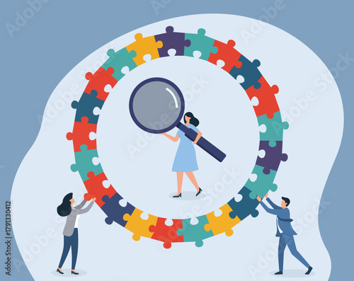 Team Collaboration in Puzzle Investigation: Colorful jigsaw circle with magnifying glass scrutiny and joint assembly, Collaboration, Investigation, Problem-Solving, Teamwork, Unity