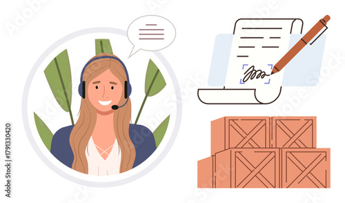 Female customer service representative with headset, signed document, and stacked shipping crates. Ideal for customer care, logistics, communication, organization, shipping, contract management
