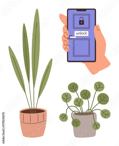 Smartphone with lock screen held by hand beside two potted plants. Ideal for security, technology, eco-friendliness, digital safety, modern lifestyle, minimalism, simple flat metaphor