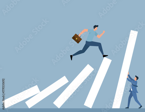 Businessman Overcoming Falling Domino Chain Reaction in Flat Vector Illustration, Domino Effect, Crisis Management, Overcoming Obstacles, Business Risk, Strategic Leap