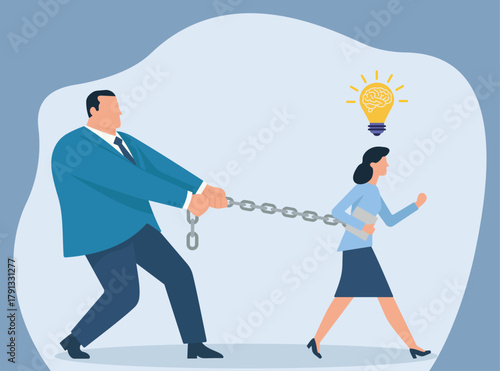 Corporate Control Over Innovation: Man Restraining Woman's Idea, Innovation Suppression, Gender Dynamics in Workplace, Idea Restraint, Corporate Oppression, Suppressed Creativity
