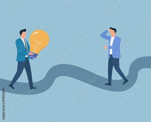 Business Innovation Journey: Two suited men on a wavy path, one holding a lightbulb idea while the other scratches his head in confusion, Idea Generation, Problem Solving, Creative Thinking