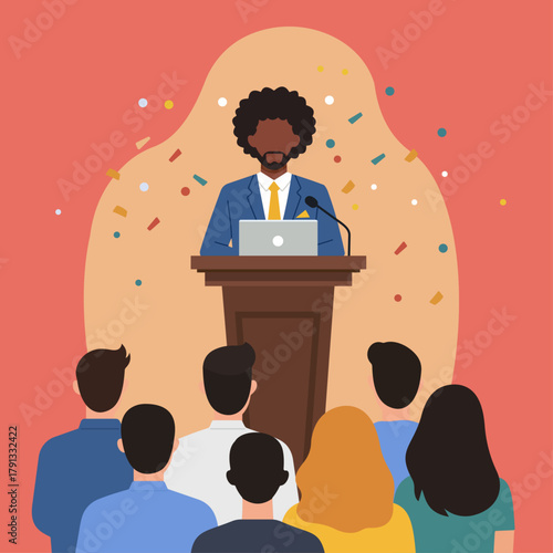 Confident Black Speaker Delivering Inspirational Presentation to Engaged Audience Amid Falling Confetti in Flat Vector Style, Public Speaking, Leadership Presentation, Audience Engagement