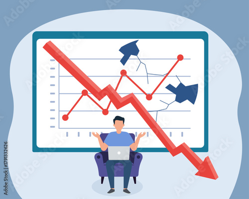 Declining Graph Frustration: Man in Chair Views Falling Charts in Flat Vector Style, Economic Downturn, Business Failure, Financial Crisis, Market Crash, Performance Decline