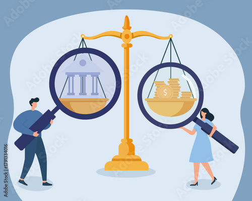 Balancing Justice and Wealth: A Flat Vector Illustration of Scrutiny, Justice, Finance, Balance, Examination, Equality