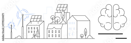 Buildings with solar panels, wind turbines, green trees accompanied by a brain icon. Ideal for sustainability, renewable energy, eco-friendly living, smart city, innovation, urban development