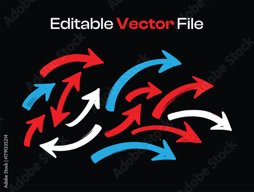 Editable Vector Multi-Color Chaos Arrows – Dynamic Red Blue White Directional Icons for UI/UX Flowcharts, Presentations, Marketing & Abstract Design on Black

