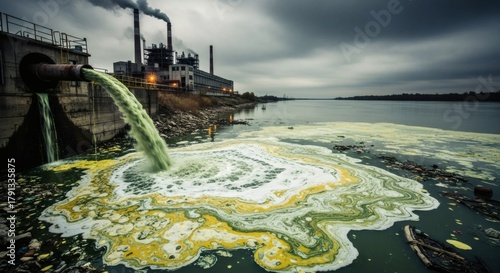 Industrial waste discharge pollutes river water, causing environmental damage and ecological harm.