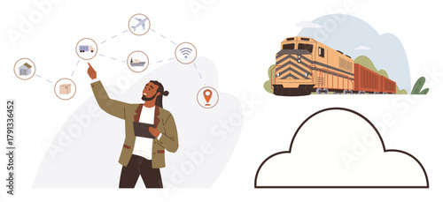 Person interacting with digital logistics data visualization and network nodes. Cargo train in motion and cloud outline represent supply chain, shipping, technology. Ideal for freight, logistics