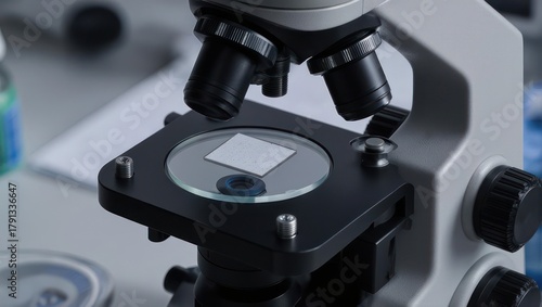 Close up of a microscope with a sample on the stage for scientific research.