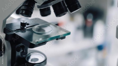 Close up of a modern microscope in a scientific research laboratory.
