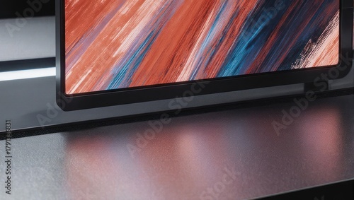 Close up of a modern television screen displaying abstract colorful art.