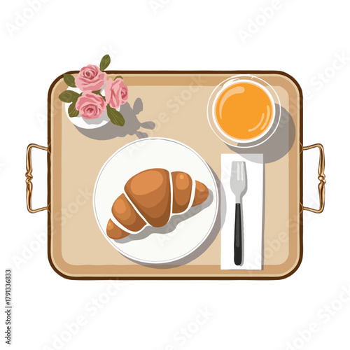 A delicious golden brown croissant on a white plate with a cup of orange juice and pink roses on a serving tray isolated on white background