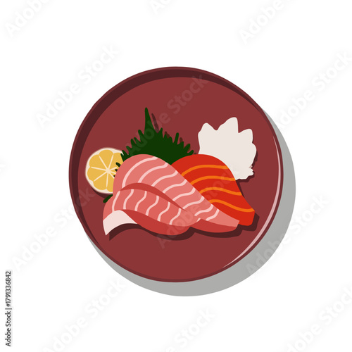 Delicious and fresh raw tuna and salmon sashimi arranged artfully on a dark red plate with lemon and garnish isolated on white background