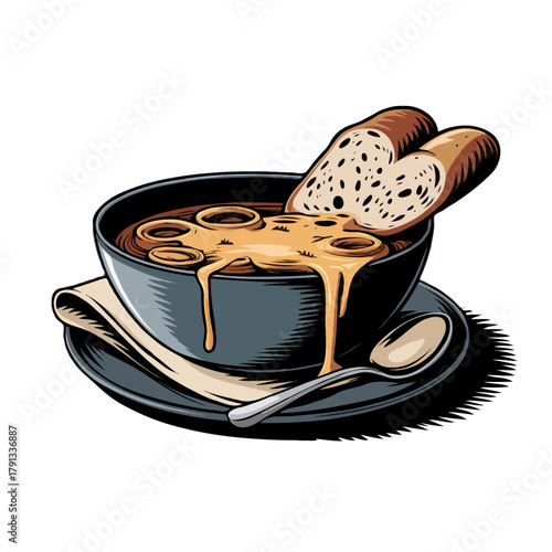 Deliciously comforting rich french onion soup served in a dark bowl with melted cheese and crusty bread isolated on white background