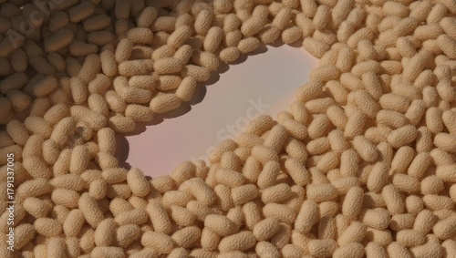 Close up of white beans with a cutout revealing a pink background.