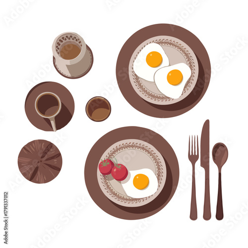 Overhead view of a delicious breakfast spread featuring two plates of fried eggs with garnishes and cups of coffee isolated on white background