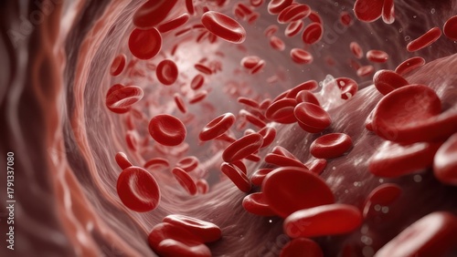 Close up view of red blood cells flowing through a blood vessel.