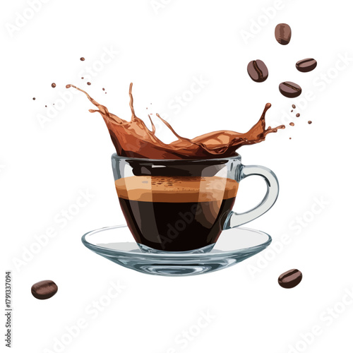 A dynamic splash of dark espresso coffee erupts from a clear glass cup and saucer with roasted coffee beans scattered around isolated on white background