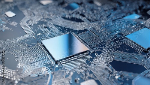 Close-up of a computer circuit board with microchips and electronic components.