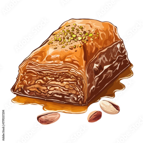 Deliciously sweet and flaky honey soaked baklava pastry with chopped pistachios scattered around it isolated on white background
