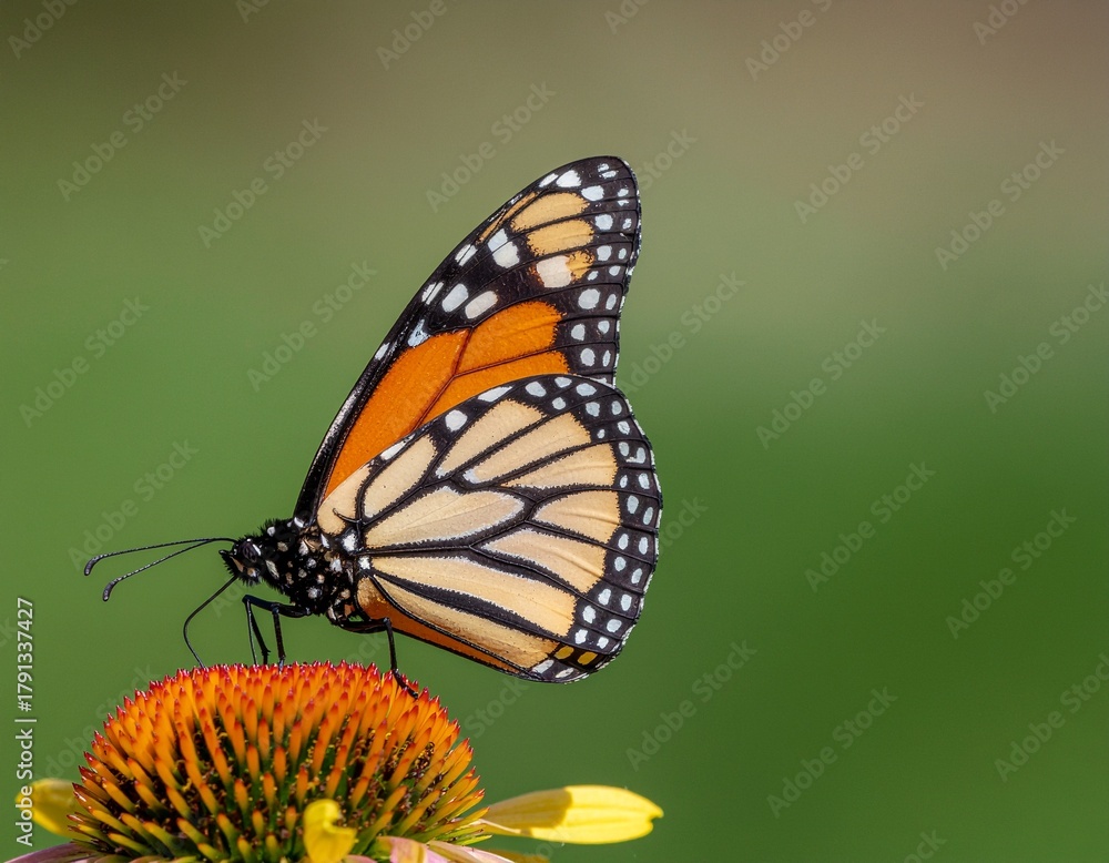 Naklejka premium Monarch butterfly on a flower with a green background.