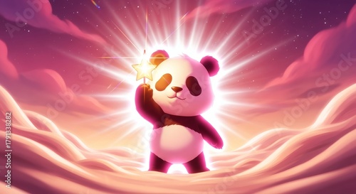 A cute panda holding a glowing star in a dreamy, cloudy, pink-toned sky.