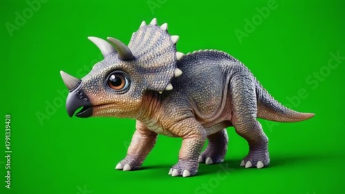 Close up of a toy triceratops with large eyes against a bright green background in studio light dinosaur green screen video