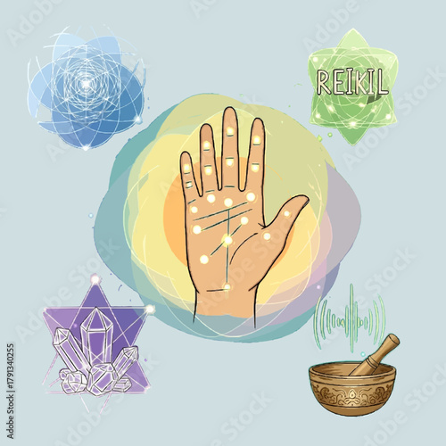 Hand with Energy Points and Healing Symbols Illustration. Concept of Reiki, Holistic Wellness, Chakra Balance, Spirituality, and Metaphysical Energy Healing