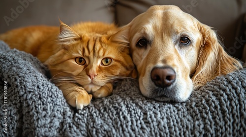 A cozy portrait featuring a golden retriever and an orange cat, snuggling on a blanket