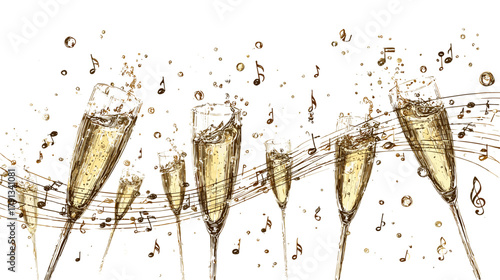 Champagne Glasses with Musical Notes and Bubbles Illustration