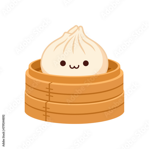 A cheerful kawaii steamed bun character, illustrated with an adorable smiling face, nestles inside a traditional bamboo dim sum steamer