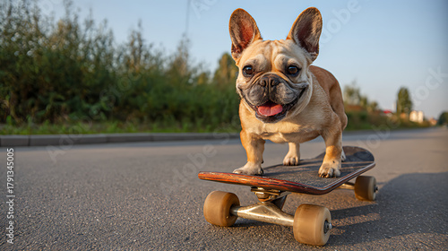 Fototapeta Naklejka Na Ścianę i Meble -  A cheerful French bulldog balances on a small skateboard along a sunny suburban street, smiling now