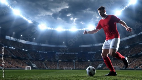 Professional Male Soccer Player in Red Uniform Running and Dribbling the Ball During an Intense Night Match in a Vast, Fully Illuminated Stadium Before a Huge Crowd