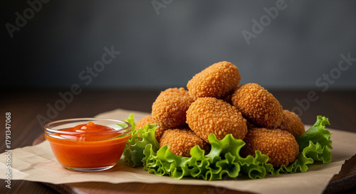 Crispy Popcorn Chicken Nuggets with Dipping Sauce and Lettuce