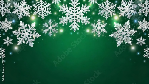 A festive green background adorned with intricate white snowflakes and twinkling bokeh lights, evoking a wintry holiday atmosphere.