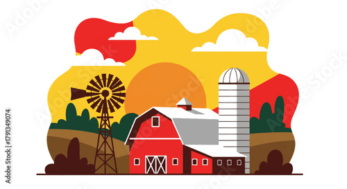 Flat vector illustration of sunset over countryside barn with orange sky and windmill. Solid warm tones, minimal landscape composition, no gradients, nostalgic rural theme