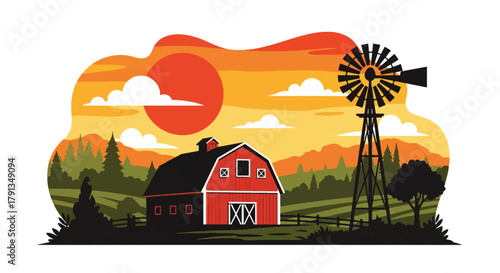 Flat vector illustration of sunset over countryside barn with orange sky and windmill. Solid warm tones, minimal landscape composition, no gradients, nostalgic rural theme