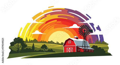 Flat vector illustration of sunset over countryside barn with orange sky and windmill. Solid warm tones, minimal landscape composition, no gradients, nostalgic rural theme