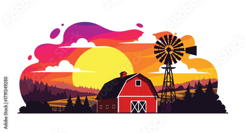 Flat vector illustration of sunset over countryside barn with orange sky and windmill. Solid warm tones, minimal landscape composition, no gradients, nostalgic rural theme